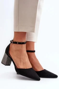 Damskie Boto Czółenka z Eko Zamszu Na Zdobionym Słupku Czarne Anlitela