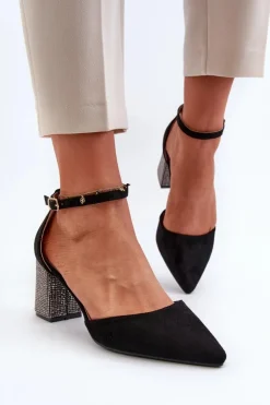 Damskie Boto Czółenka z Eko Zamszu Na Zdobionym Słupku Czarne Anlitela