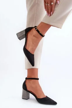 Damskie Boto Czółenka z Eko Zamszu Na Zdobionym Słupku Czarne Anlitela