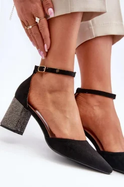 Damskie Boto Czółenka z Eko Zamszu Na Zdobionym Słupku Czarne Anlitela