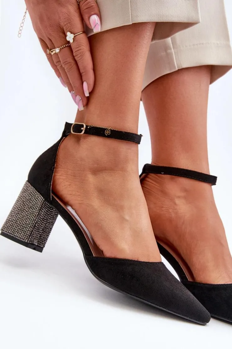 Damskie Boto Czółenka z Eko Zamszu Na Zdobionym Słupku Czarne Anlitela