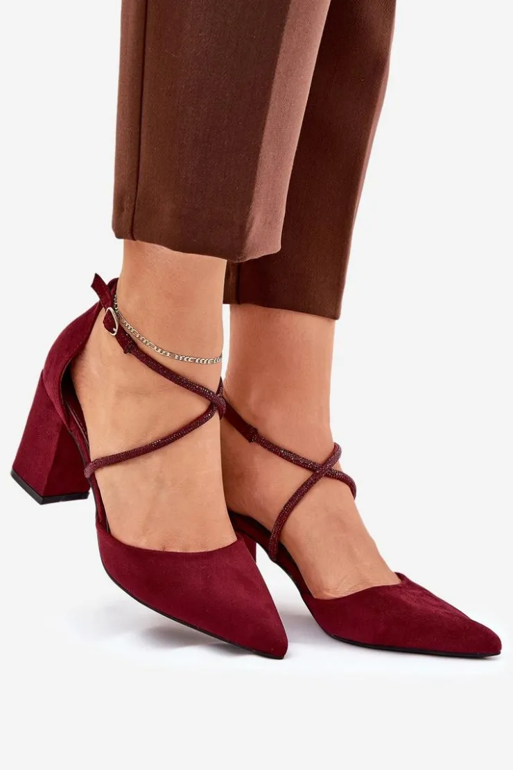 Damskie Boto Czółenka Ze Szpiczastymi Noskami I Zdobionymi Paseczkami Na Słupku Bordowe Verithas