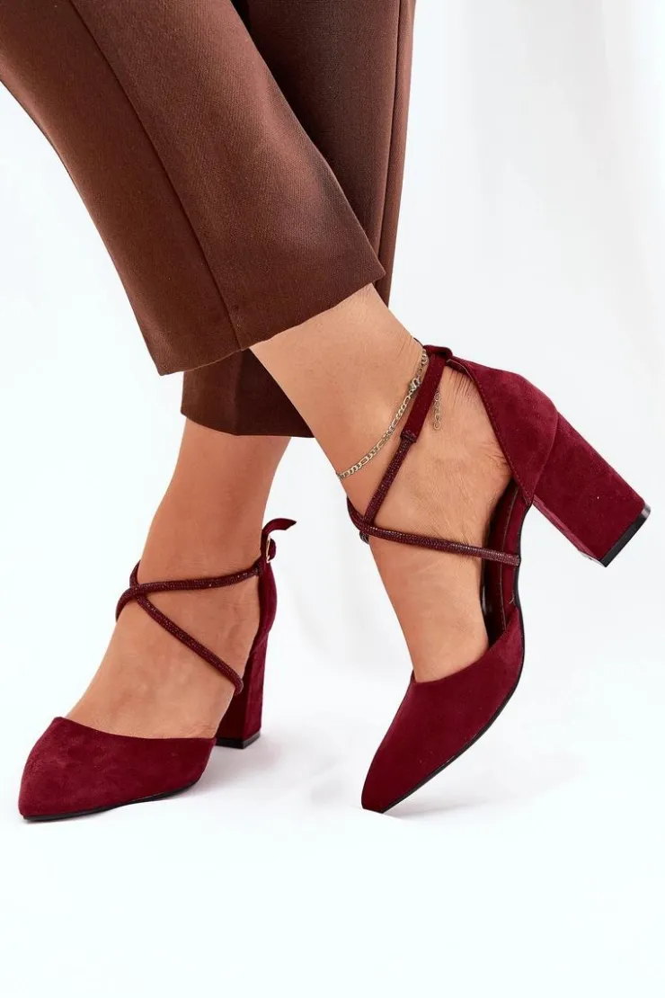 Damskie Boto Czółenka Ze Szpiczastymi Noskami I Zdobionymi Paseczkami Na Słupku Bordowe Verithas