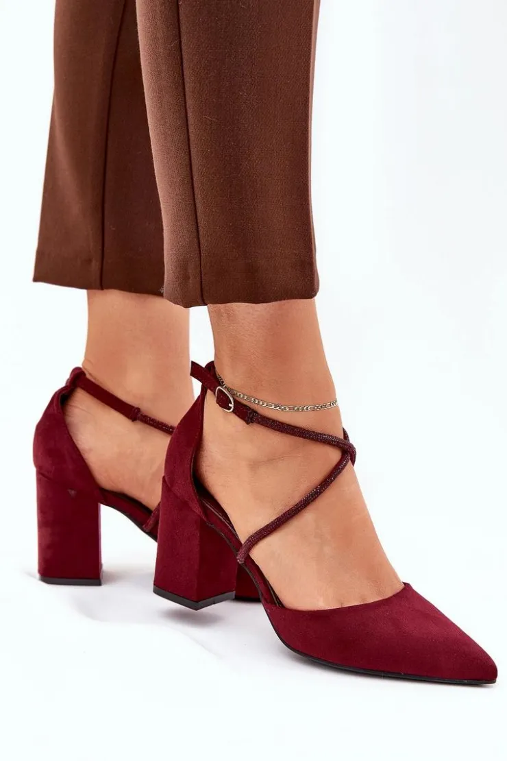 Damskie Boto Czółenka Ze Szpiczastymi Noskami I Zdobionymi Paseczkami Na Słupku Bordowe Verithas