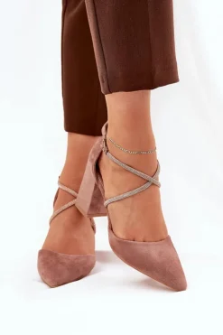 Boto Czółenka Zamszowe|Czółenka Na Słupku*Czółenka Ze Szpiczastymi Noskami I Zdobionymi Paseczkami Na Słupku Ciemnobeżowe Verithas