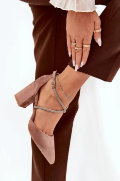 Boto Czółenka Zamszowe|Czółenka Na Słupku*Czółenka Ze Szpiczastymi Noskami I Zdobionymi Paseczkami Na Słupku Ciemnobeżowe Verithas