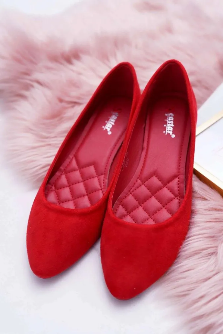 Boto Baleriny Klasyczne*Czerwone Damskie Balerinki Zamsz Bueno