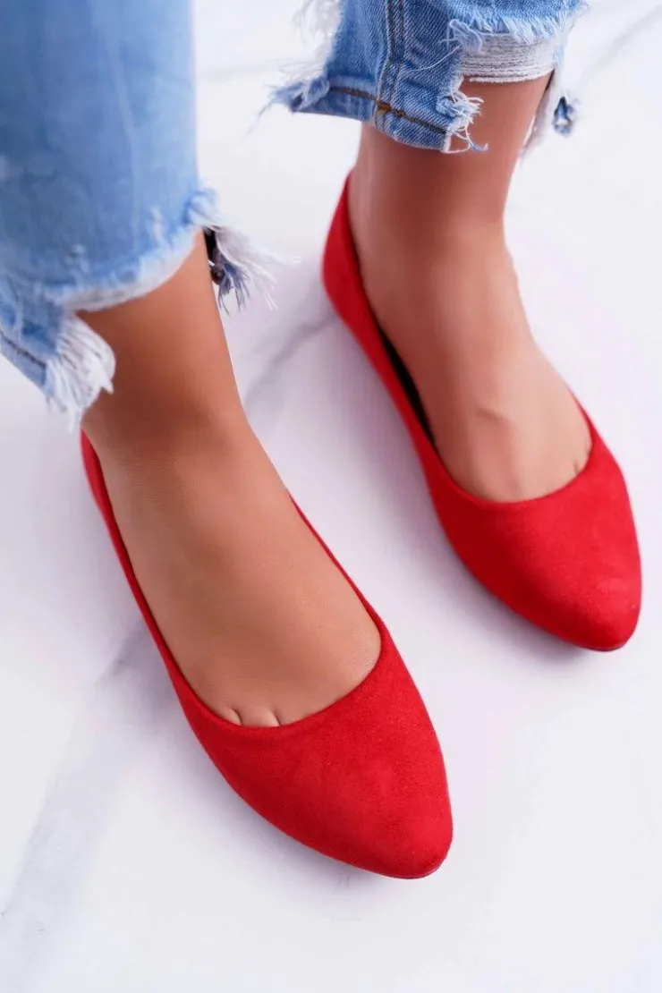 Boto Baleriny Klasyczne*Czerwone Damskie Balerinki Zamsz Bueno