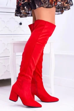 Clearance Boto Czerwone Damskie Kozaki Zamszowe Za Kolano Feluni