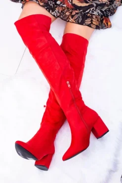 Clearance Boto Czerwone Damskie Kozaki Zamszowe Za Kolano Feluni