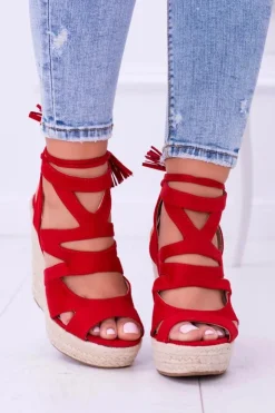 Discount Boto Czerwone Zamszowe Sandały Na Koturnie Nowelio