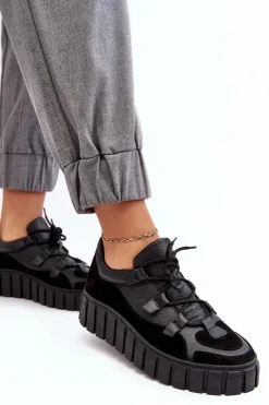 Damskie Zazoo Damskie Skórzane Buty Sportowe Na Platformie M01/1 Czarne