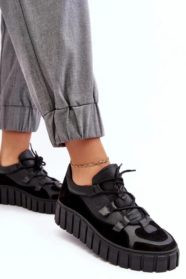 Damskie Zazoo Damskie Skórzane Buty Sportowe Na Platformie M01/1 Czarne