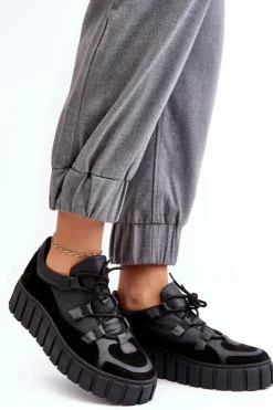 Damskie Zazoo Damskie Skórzane Buty Sportowe Na Platformie M01/1 Czarne