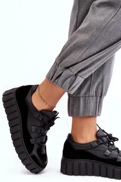 Damskie Zazoo Damskie Skórzane Buty Sportowe Na Platformie M01/1 Czarne