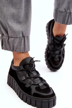 Damskie Zazoo Damskie Skórzane Buty Sportowe Na Platformie M01/1 Czarne