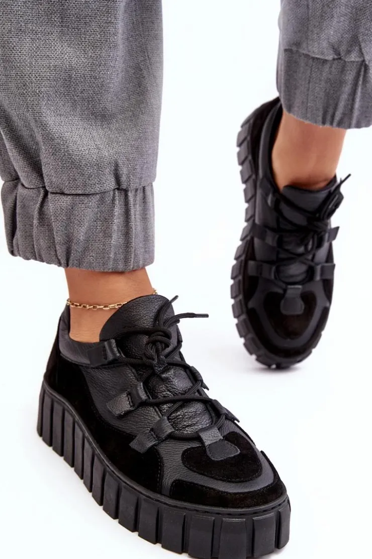 Damskie Zazoo Damskie Skórzane Buty Sportowe Na Platformie M01/1 Czarne