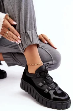 Damskie Zazoo Damskie Skórzane Buty Sportowe Na Platformie M01/1 Czarne