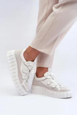 Zazoo Buty Sportowe Na Platformie|Sneakersy Damskie*Damskie Skórzane Buty Sportowe Na Platformie M01/1 Jasnobeżowe