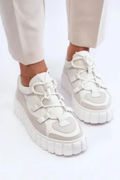 Zazoo Buty Sportowe Na Platformie|Sneakersy Damskie*Damskie Skórzane Buty Sportowe Na Platformie M01/1 Jasnobeżowe