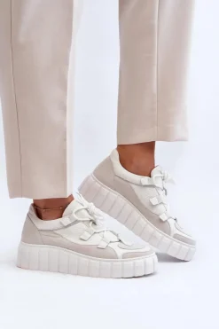 Zazoo Buty Sportowe Na Platformie|Sneakersy Damskie*Damskie Skórzane Buty Sportowe Na Platformie M01/1 Jasnobeżowe