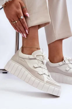 Zazoo Buty Sportowe Na Platformie|Sneakersy Damskie*Damskie Skórzane Buty Sportowe Na Platformie M01/1 Jasnobeżowe
