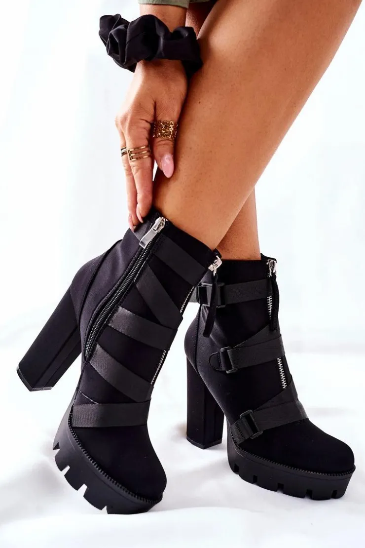 Boto Botki Na Słupku|Czarne Botki*Damskie Aksamitne Botki Na Słupku Czarne Hurry Up