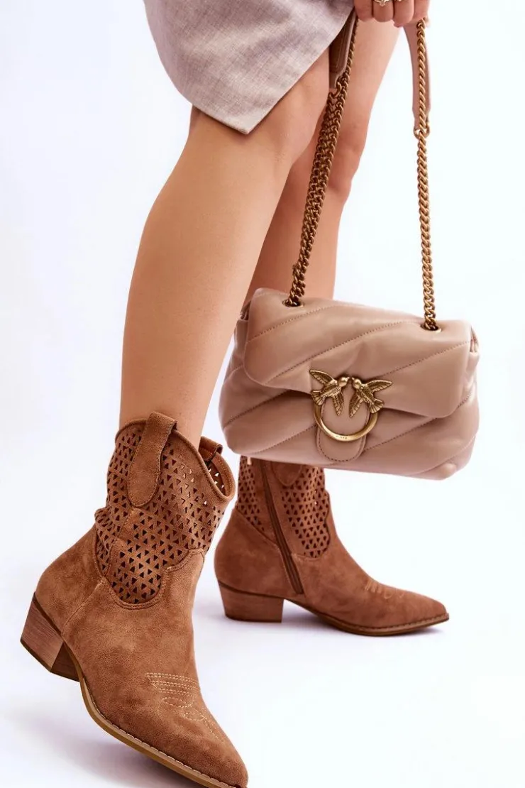 Online Boto Damskie Ażurowe Botki Kowbojki Camel Reeds