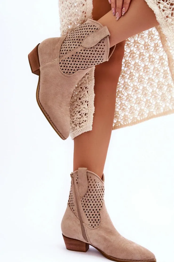 Damskie Boto Damskie Ażurowe Botki Kowbojki Beżowe Reeds