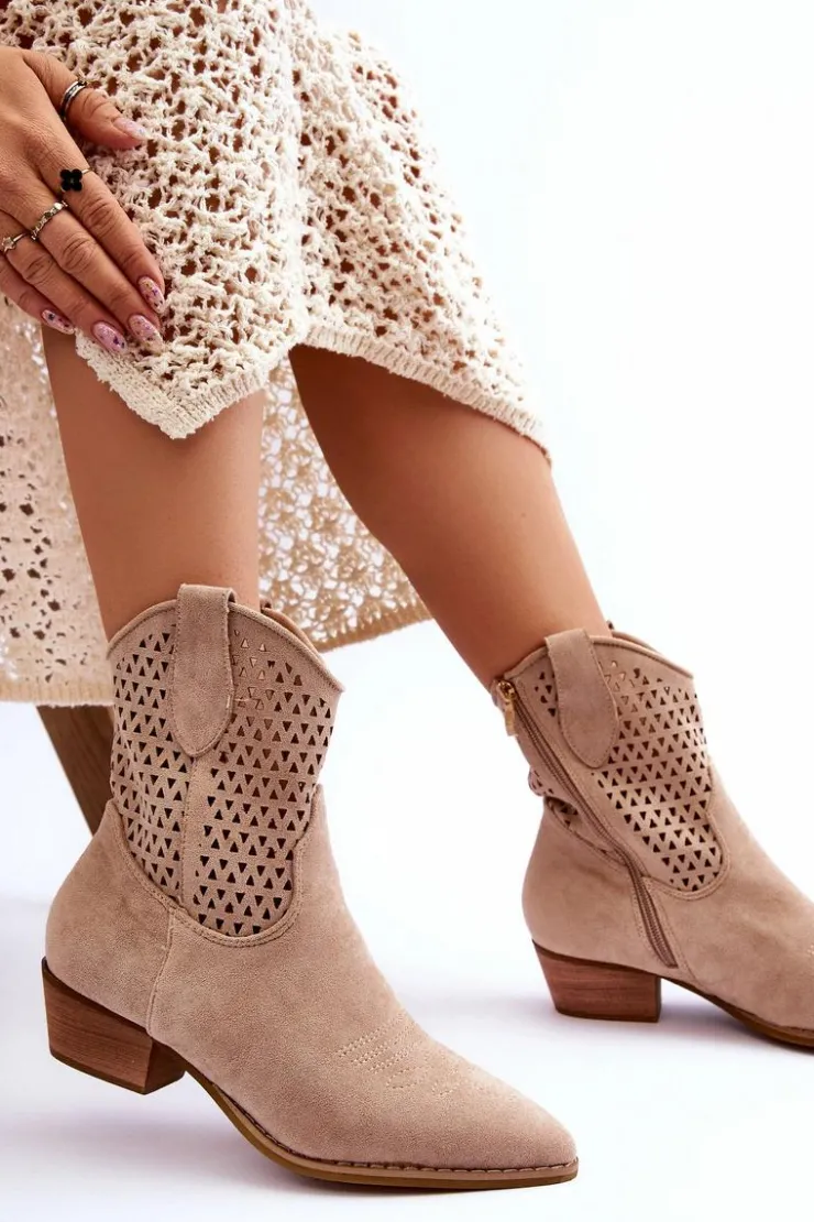 Damskie Boto Damskie Ażurowe Botki Kowbojki Beżowe Reeds