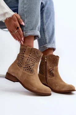 Zazoo Botki Wiosenne|Botki Skórzane*Damskie Ażurowe Botki Lewski Shoes 3305/2 Beżowe