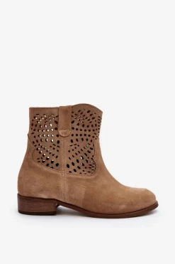 Zazoo Botki Wiosenne|Botki Skórzane*Damskie Ażurowe Botki Lewski Shoes 3305/2 Beżowe