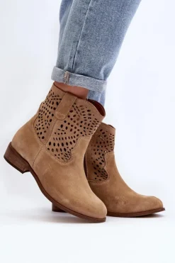 Zazoo Botki Wiosenne|Botki Skórzane*Damskie Ażurowe Botki Lewski Shoes 3305/2 Beżowe