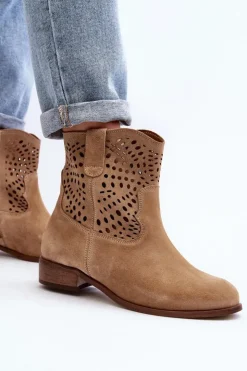 Zazoo Botki Wiosenne|Botki Skórzane*Damskie Ażurowe Botki Lewski Shoes 3305/2 Beżowe