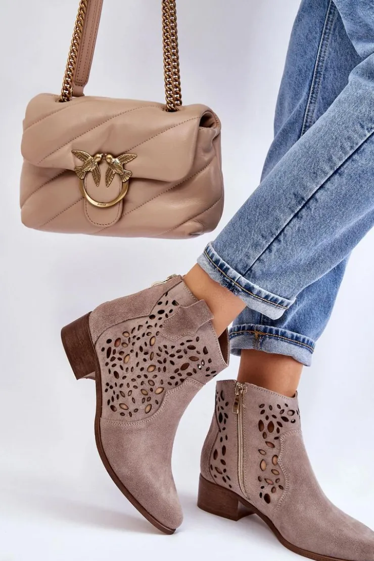 Boto Botki Wiosenne|Botki Ażurowe*Damskie Ażurowe Botki Lewski Shoes 2909 Jasnobrązowe