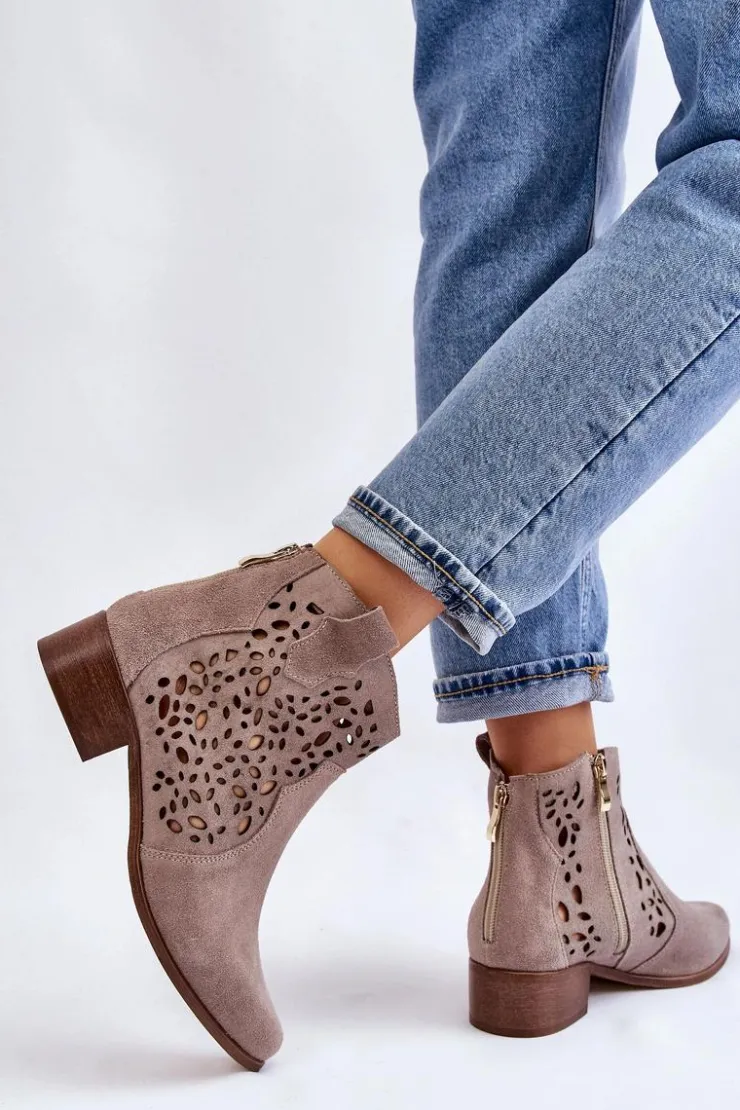 Boto Botki Wiosenne|Botki Ażurowe*Damskie Ażurowe Botki Lewski Shoes 2909 Jasnobrązowe