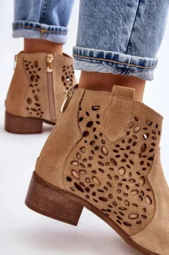 Damskie Boto Damskie Ażurowe Botki Lewski Shoes 2909 Ciemnobeżowe
