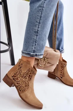 Damskie Boto Damskie Ażurowe Botki Lewski Shoes 2909 Ciemnobeżowe