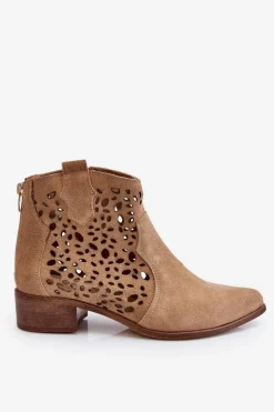 Damskie Boto Damskie Ażurowe Botki Lewski Shoes 2909 Ciemnobeżowe