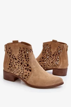 Damskie Boto Damskie Ażurowe Botki Lewski Shoes 2909 Ciemnobeżowe