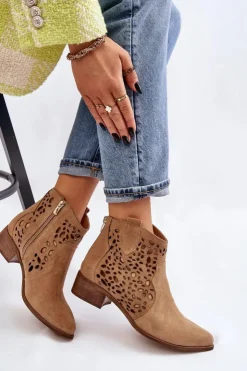 Damskie Boto Damskie Ażurowe Botki Lewski Shoes 2909 Ciemnobeżowe