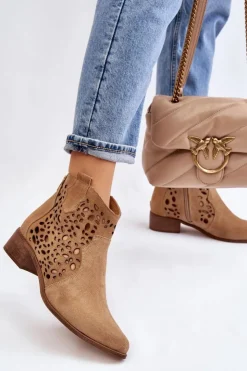 Damskie Boto Damskie Ażurowe Botki Lewski Shoes 2909 Ciemnobeżowe