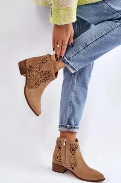 Damskie Boto Damskie Ażurowe Botki Lewski Shoes 2909 Ciemnobeżowe