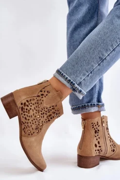 Damskie Boto Damskie Ażurowe Botki Lewski Shoes 2909 Ciemnobeżowe