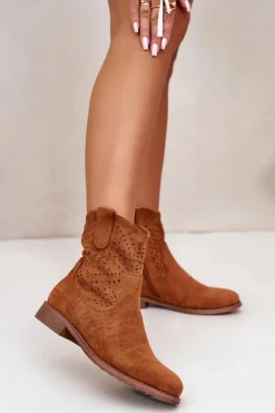 Sale Damskie buty S.Barski Damskie Ażurowe Botki Na Płaskim Obcasie Camel S.Barski HY42-135