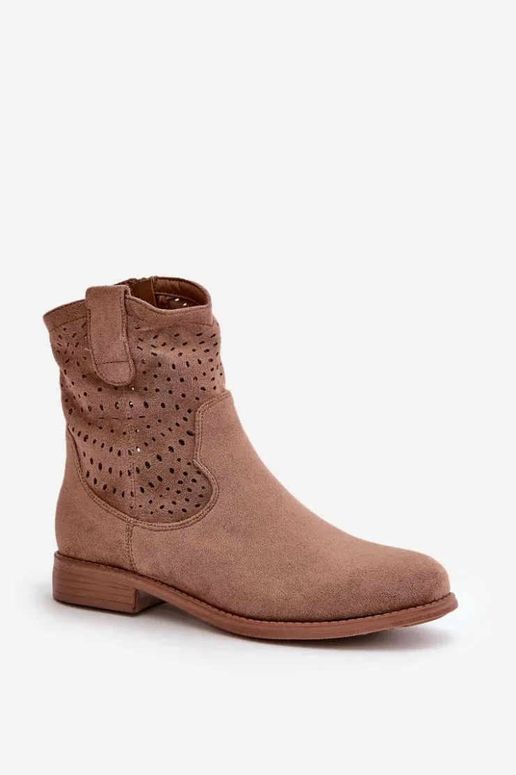 Damskie buty S.Barski Botki Wiosenne|Botki Ażurowe*Damskie Ażurowe Botki Na Płaskim Obcasie Brązowe S.Barski HY42-135