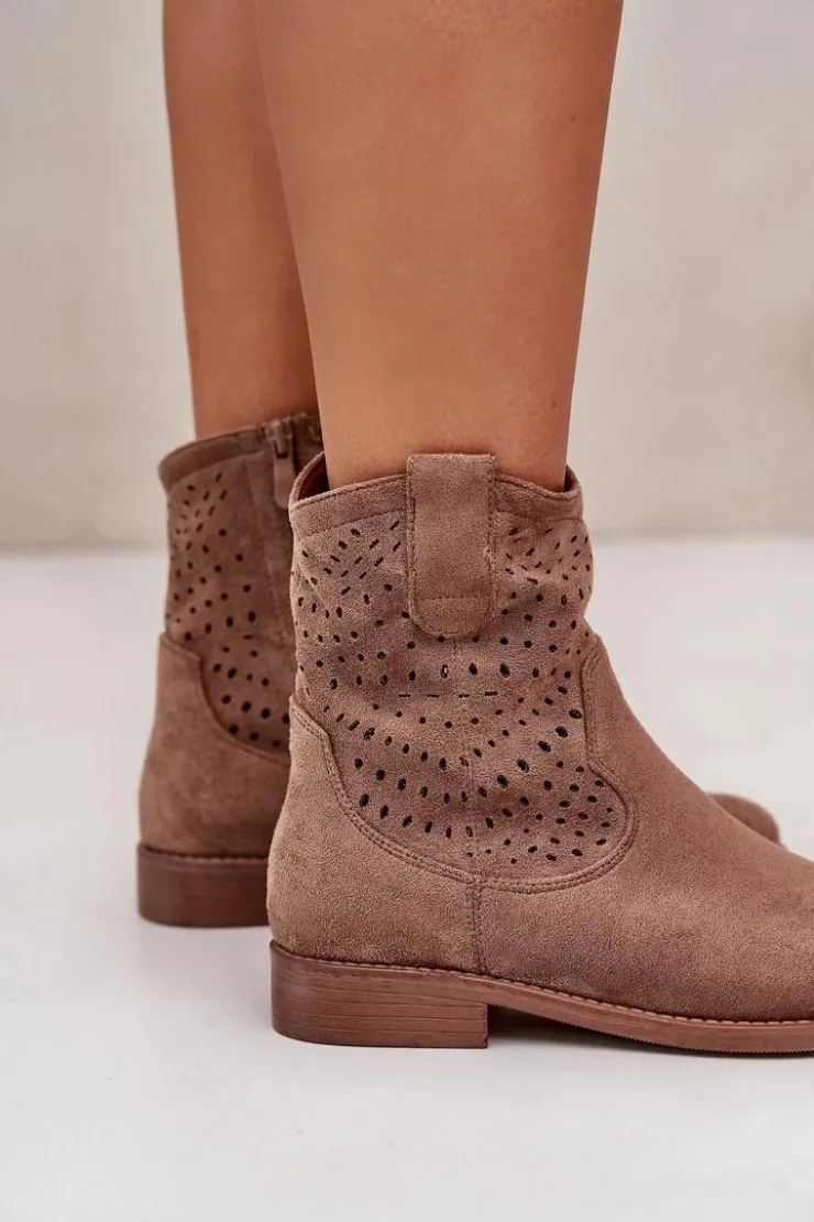 Damskie buty S.Barski Botki Wiosenne|Botki Ażurowe*Damskie Ażurowe Botki Na Płaskim Obcasie Brązowe S.Barski HY42-135
