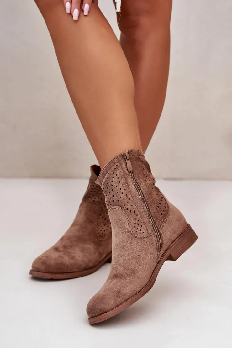 Damskie buty S.Barski Botki Wiosenne|Botki Ażurowe*Damskie Ażurowe Botki Na Płaskim Obcasie Brązowe S.Barski HY42-135