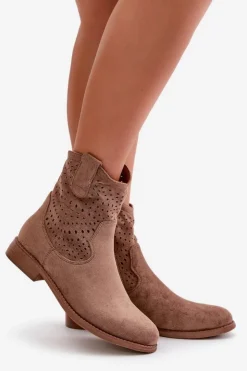 Damskie buty S.Barski Botki Wiosenne|Botki Ażurowe*Damskie Ażurowe Botki Na Płaskim Obcasie Brązowe S.Barski HY42-135