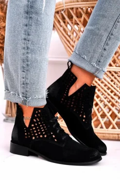 Online Boto Damskie Ażurowe Botki Zamszowe Czarne Susannah